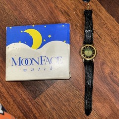 VTG Marcel Moon Face Watch Analog LCD Display Gold Tone Black Band Untested