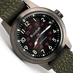Bulova Hack 98A255 Automatic Military Black Dial Leather Men’s Watch 38MM