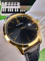S. Coifman Men Watch SS Gold Case Black Dial Leather Strap Swiss Heritage Quartz