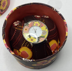 Vera Bradley Buttercup Watch Silver Tone Floral Bezel Brown Leather Band in Case