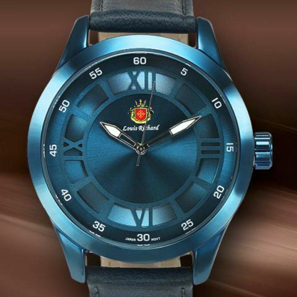NEW Louis Richard 9901 Men’s Brandis Blue Dial Leather Watch hipster style roman