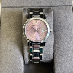 Burberry Pink Dial Silver Watch In Original Box Date Indicator Baton Indexes