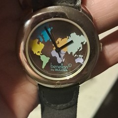 Bulova Benetton World Map Dial Quartz Analog Wristwatch Black Leather Strap