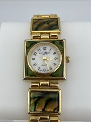 Vtg LA Express Ladies 21mm Watch Gold Tone Abalone Band MOP Dial 7″ – RUNS