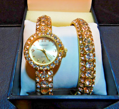Embassy Ladies White Crystal Gold Tone Watch & Bracelet Set NEW