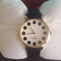 Kate Spade Gramercy Watch Black Leather Band Black Polka Dot Hour Markers IOB