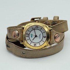 Ladies LA MER Collections Double Wrap Brown/Beige Leather, Gold Tone Watch, Runs
