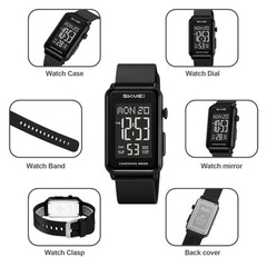 SKMEI Men Rectangle Watch LED Countdown Wristwatch Boys Girl Digital Sport Watch