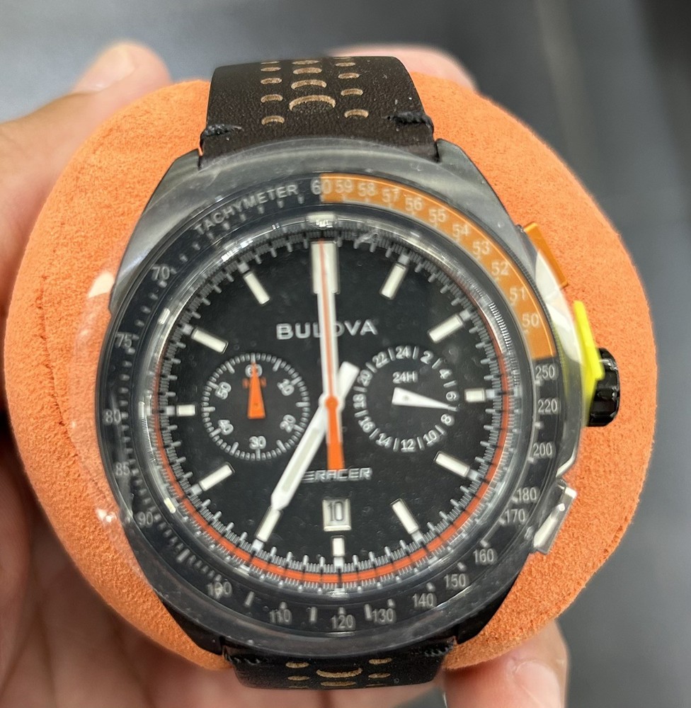 Bulova Racer Chronograph 42mm Watch All Black Leather 98B428 Quartz