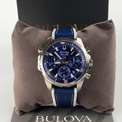 New Bulova Marine Star 96B287 Blue Dial Men’s Chronograph Quartz Watch 43 mm