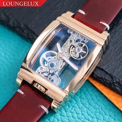 Mens Rose Gold Manual Mechanical Watch Dark Red Oil Waxed Vintage Leather Strap