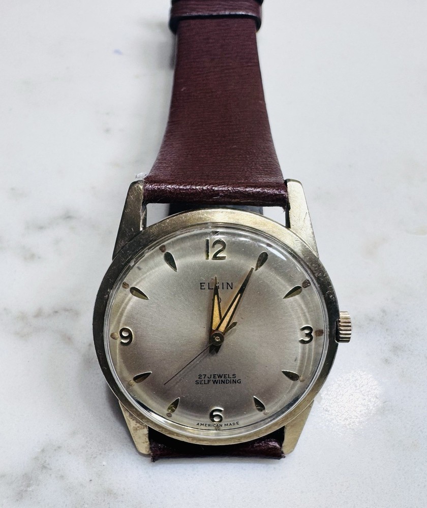 Elgin 27 Jewels Selfwinding Men’s Wristwatch 10 Rolled Gold 33mm Brown Leather