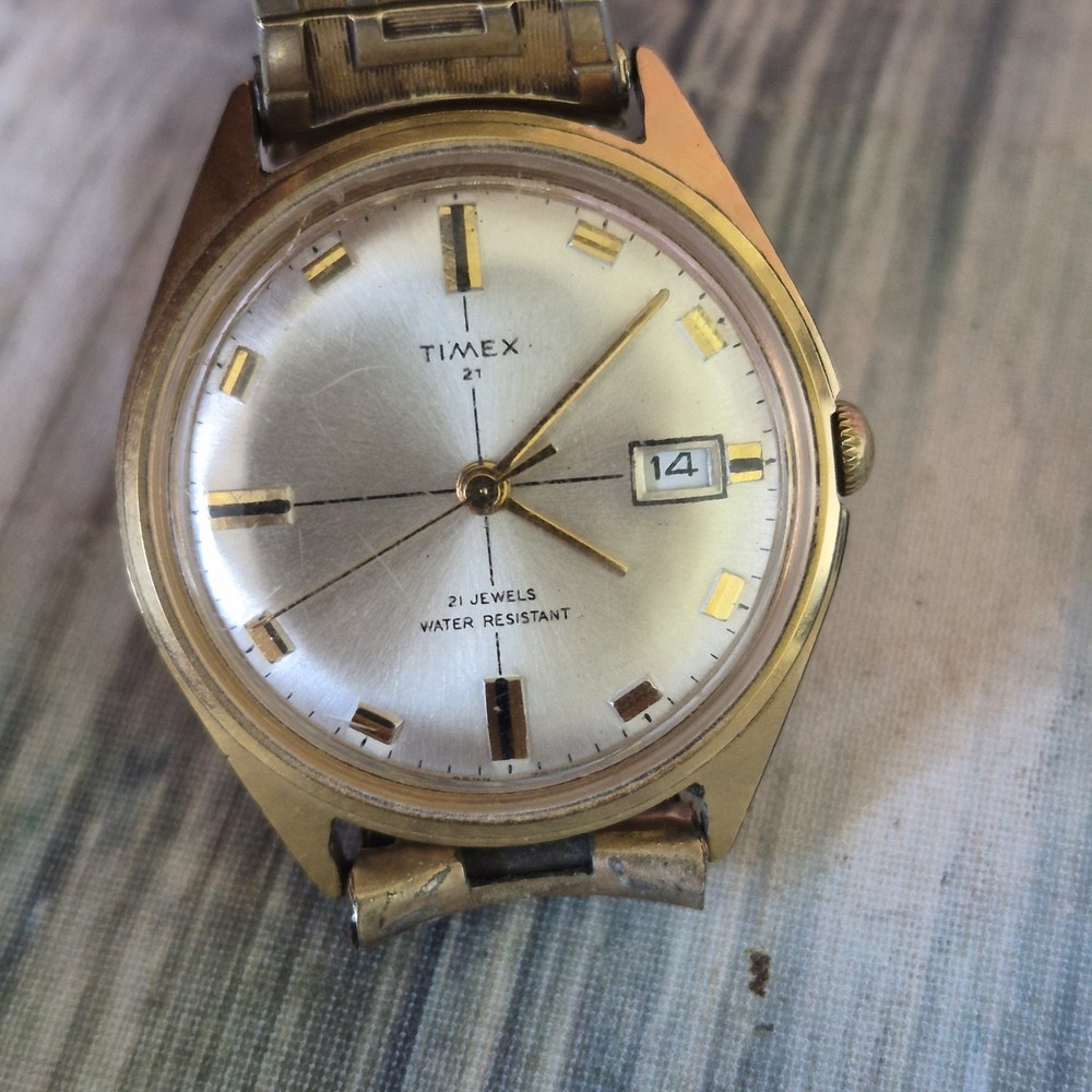 Vtg Timex 21 Jewels Watch Mens Gold Filled Band For Parts Repair Not Working