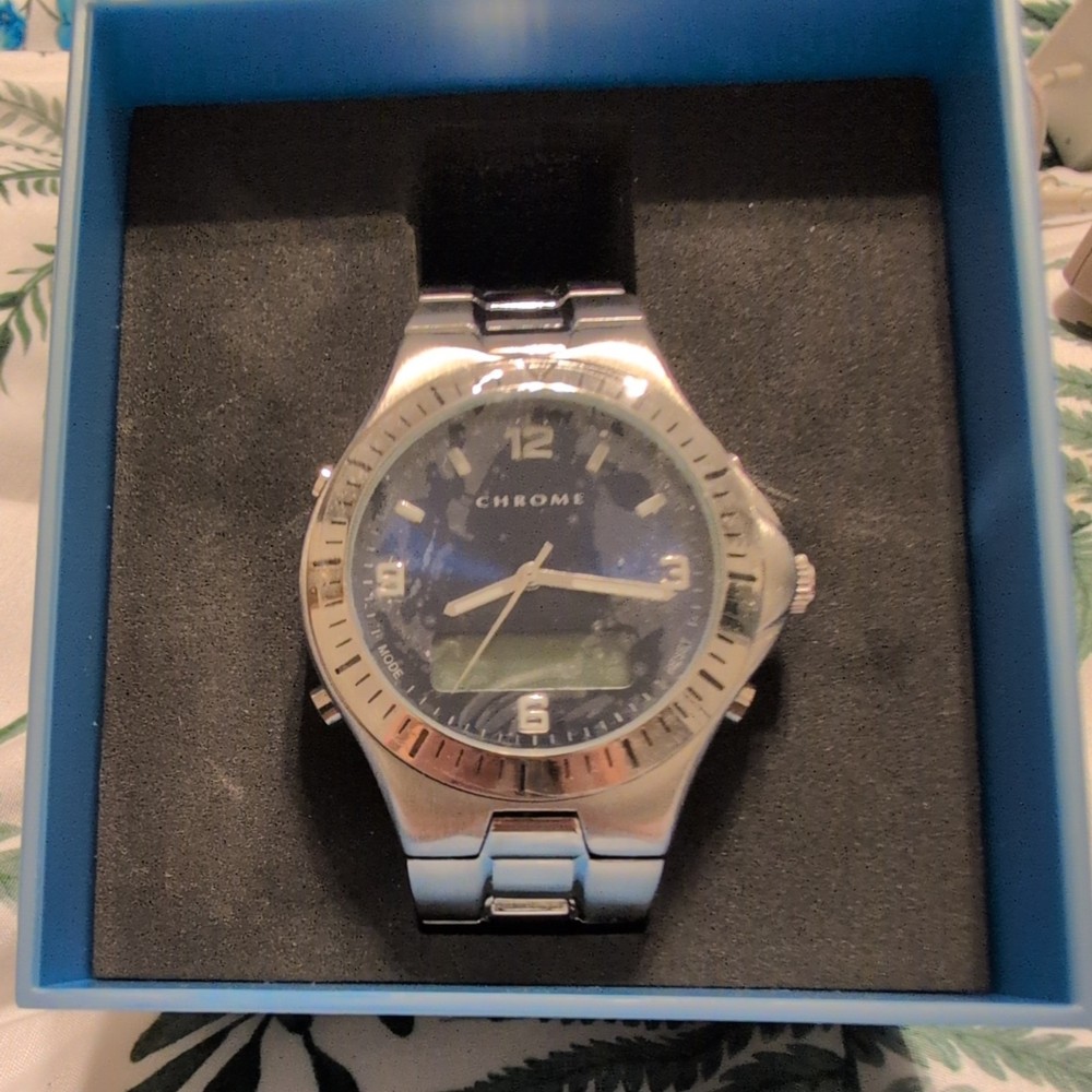 Azzaro Chrome Analog-Digital Wristwatch Dual Display –Stainless Steel Band- New