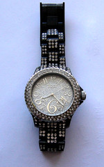 Women’s Quartz Analog Watch Black Faux Diamonds 45mm New Battery