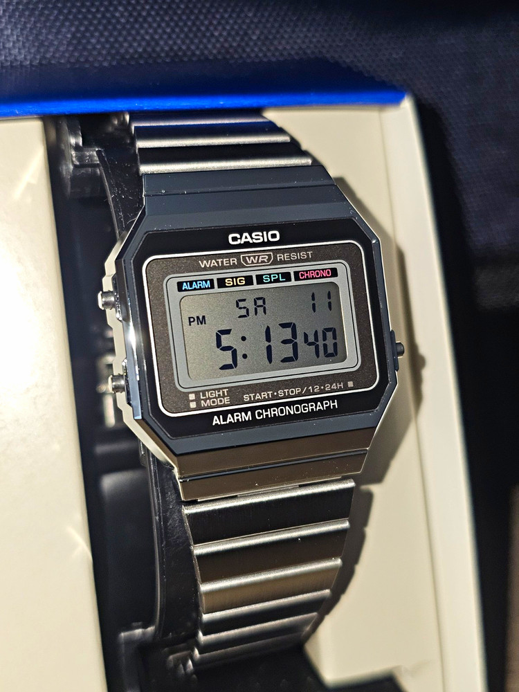 Casio A158 Digital Quartz Alarm Chronograph WR Silver Steel Bracelet w/ Box