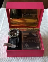 NIB Mudd Black Watch Crystal Bezel Faux Chronograph Sparkle Band Runs