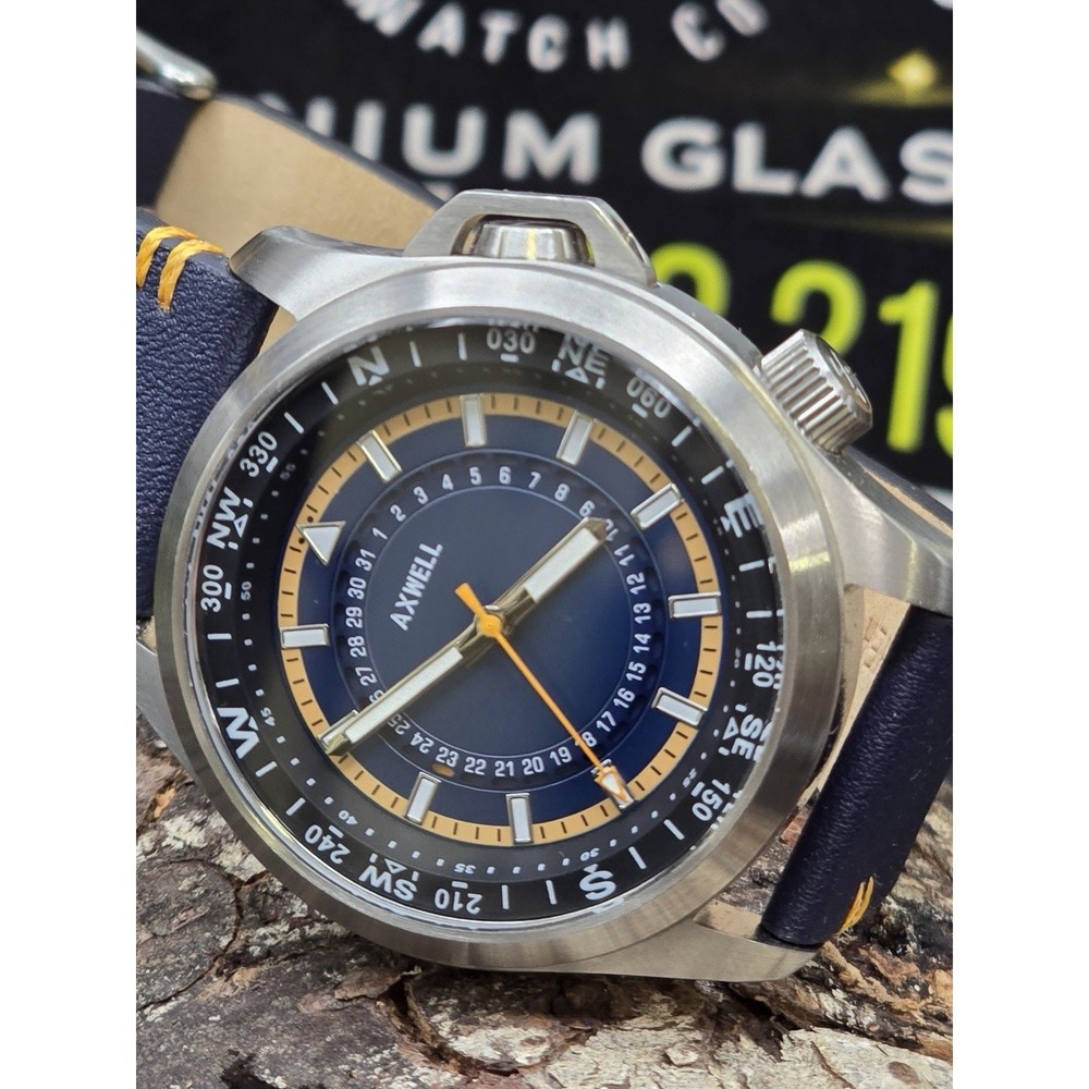 Axwell Vertigo Automatic Blue Dial Watch Black Compass Bezel Date Leather Strap