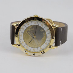 Hokusai Mt. Fuji Motif Quartz Watch 38mm Gold Dial with Zodiac Kanji Japan Made