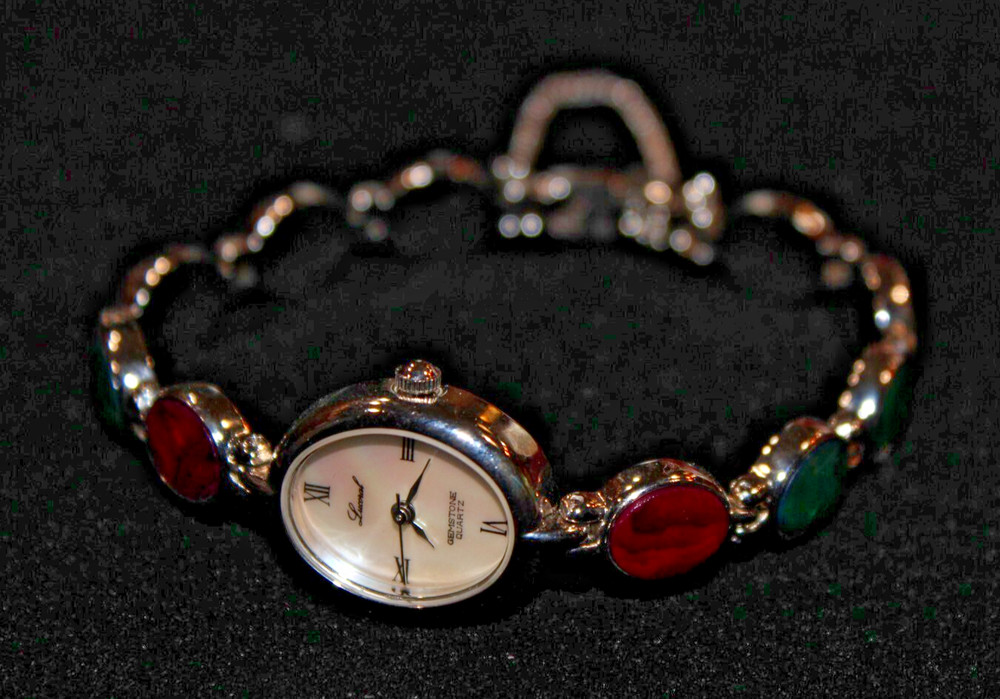 Vintage Lucoral Gemstone Quartz Watch Japan Movt Hong Kong Silver Tone Red Green