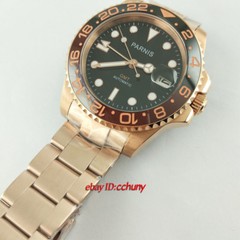 40mm PARNIS black dial Sapphire glass rose gold date GMT automatic watch 2704