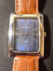 Peugeot 2033 Quartz Tank Style Blue Textured Dial Roman Brown Leather Strap