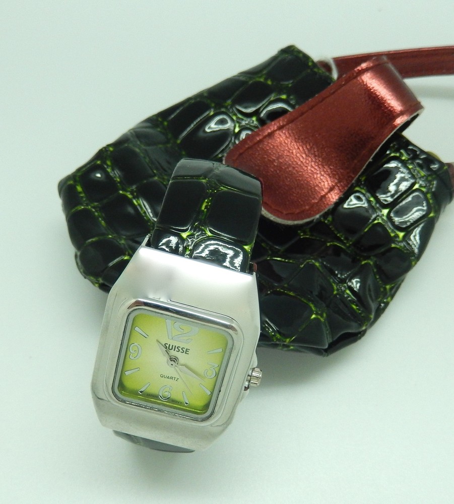 Watch Womans Cuff- green square face–dark green faux leather band-matching bag
