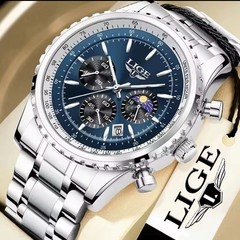 LIGE Men Watch Quartz Date Luminous Chronograph Waterproof Stainless Steel Watch