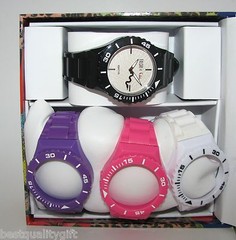 NEW FALCHI INTERCHANGABLE BLACK+WHITE+PINK+PURPLE BAND+SILVER DIAL WATCH-101785