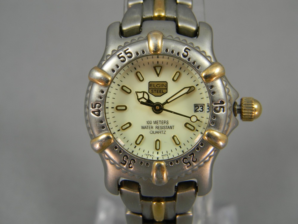 Elgin Steel Watch Women Diver Style 25mm Clasp Band 5.5″-5.75″ New Battery