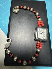 VTG Signed 925 Coral Bead Ladies Bracelet Watch Southwest Style Working
