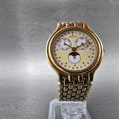 Movado Triple Calendar Moon Phase Watch Men 32mm White Dial Gold Tone NewBattery