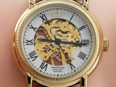 NEW NICOLET 1886 NT322122 MECHANICAL SKELETON WATCH GOLD DIAL LEATHER ANALOG B