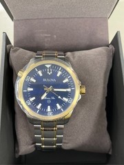 Bulova Marine Star Mens Two Tone Stainless Steel Leather Bracelet Watch 98b384