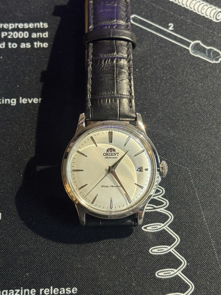 Orient Bambino Automatic Silver Dial Black Leather Date Watch w/ Box Papers