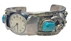 NAVAJO 925 Sterling Silver Turquoise Cuff Watch, Signed, New LED Box, 54g
