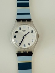 Swatch Swiss Originals NIGHT SKY Semi-Transparent Blue Stripes Watch 34mm GE275