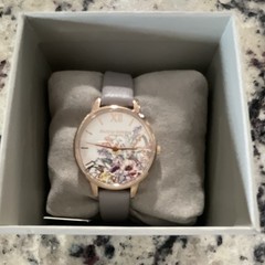 Olivia Burton London Floral Dial Rose Gold SS Quartz Watch Gray Leather Box