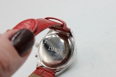 Women’s DMQ Chronograph Watch Red Leather Crystal Accents ~ Good Condition