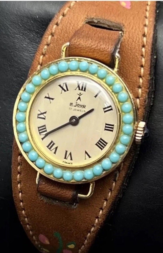 Vtg 1950 Le Jour Women’s 25mm Mechanical Watch Gold Turquoise 17 Jewels France