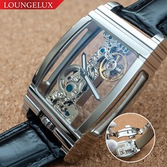 Mens Silver Skeleton Bridge Manual Mechanical Watch – Black Leather Strap