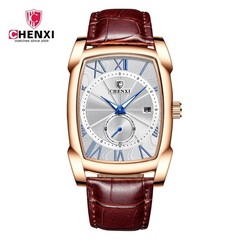 CHENXI Men’s Rectangle Leather Luminous Business Calendar Rose Quartz Wristwatch