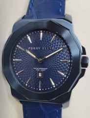 Perry Ellis Decagon Men’s Watch Blue 46mm New /tags leather band Christmas gift