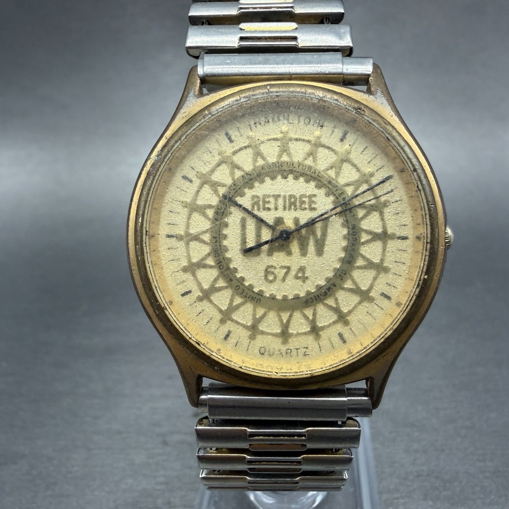 Hamilton Watch Men 34mm Gold Dial Gold Tone Round Retiree UAW 9812 New Battery