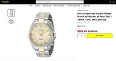 Invicta Specialty Lautus Unisex Watch w/Mother of Pearl, 38mm. Gold, Steel NEW!!