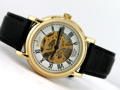 NEW NICOLET 1886 NT322122 MECHANICAL SKELETON WATCH GOLD DIAL LEATHER ANALOG B
