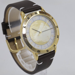 Hokusai Mt. Fuji Motif Quartz Watch 38mm Gold Dial with Zodiac Kanji Japan Made