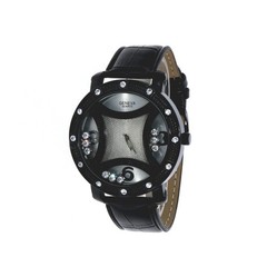 Hip Hop Men’s Floating Clear Stones, Black Finish Black Leather Band Watch