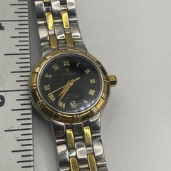 Cyma Womens Two Tone Bracelet Watch Black Dial Quartz Date 50m Swiss Sapphire
