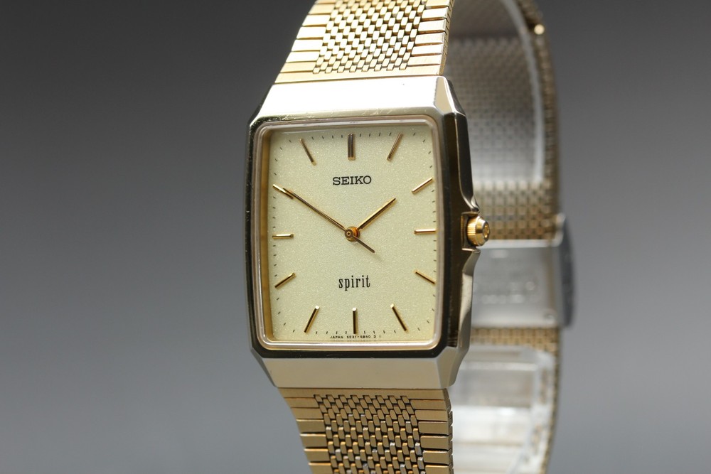 [EXC+5] Seiko Spirit 5E31-5A60 29mm Gold Square Tank Mens Watch From JAPAN